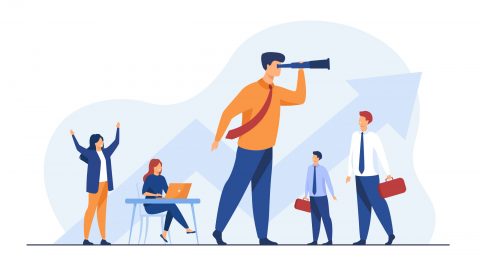 Team leader and teamwork concept. Businessman with telescope looking faraway an leading team. Flat vector illustration for planning, challenge, leadership topics