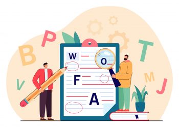 Tiny college persons correcting mistakes in text or manuscript. People checking grammar, punctuation and spelling errors flat vector illustration. Education, editing concept for banner, website design